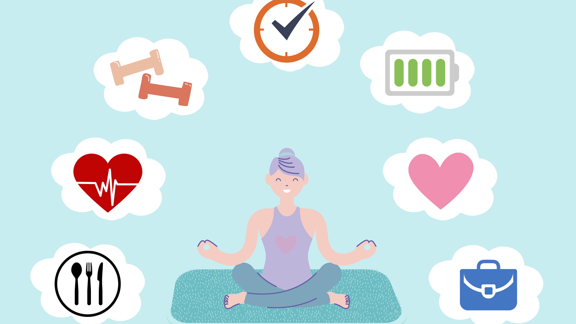 Frau in Yogapose mit Icons rundherum - Besteck, Herz mit EKG Linie, Hanteln, Uhr, aufgeladene Batterie, Herz, Aktentasche. 